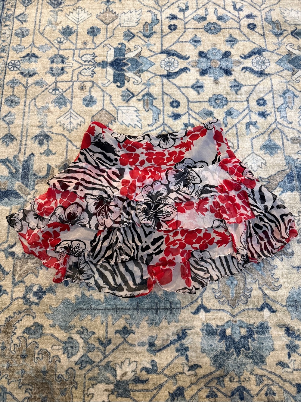 Heart Moon Star Red Floral & Black Zebra Ruffle Silk skirt